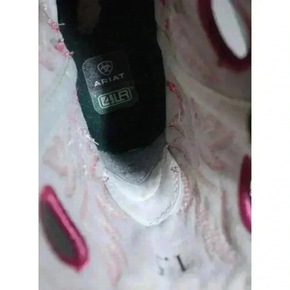 Ariat Cowgirl Boots Pink Brown Embroidered Leather Size 1.5 Teen Fatboy Style - Picture 9 of 11